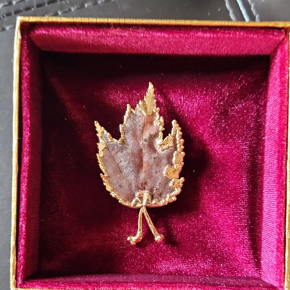 Gold Edged Burgundy Maple Leaf Brooch/ Pin